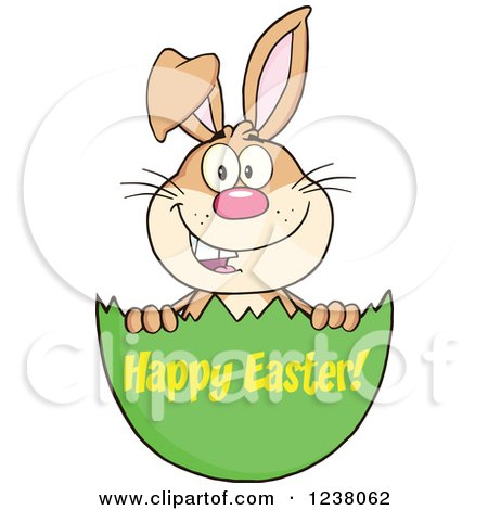 Clipart of a Brown Rabbit in an Egg Shell with Happy Easter Text - Royalty Free Vector Illustration by Hit Toon
