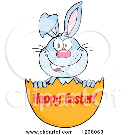 Clipart of a Blue Rabbit in an Egg Shell with Happy Easter Text - Royalty Free Vector Illustration by Hit Toon