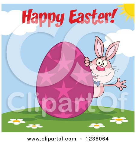 Clipart of a Pink Rabbit with Happy Easter Text and and Pink Egg - Royalty Free Vector Illustration by Hit Toon