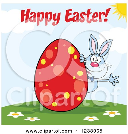Clipart of a Blue Rabbit with Happy Easter Text and a Red Egg - Royalty Free Vector Illustration by Hit Toon