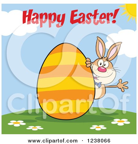 Clipart of a Brown Rabbit with Happy Easter Text and an Orange Striped Egg - Royalty Free Vector Illustration by Hit Toon
