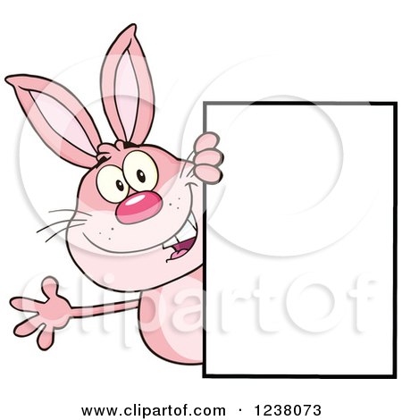 Clipart of a Pink Rabbit Waving Around a Blank Sign - Royalty Free Vector Illustration by Hit Toon