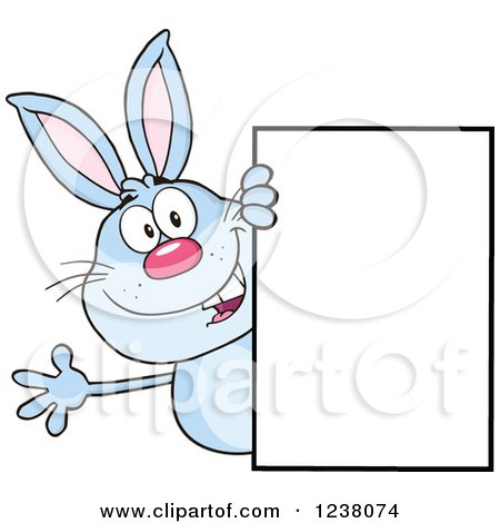 Clipart of a Blue Rabbit Waving Around a Blank Sign - Royalty Free Vector Illustration by Hit Toon