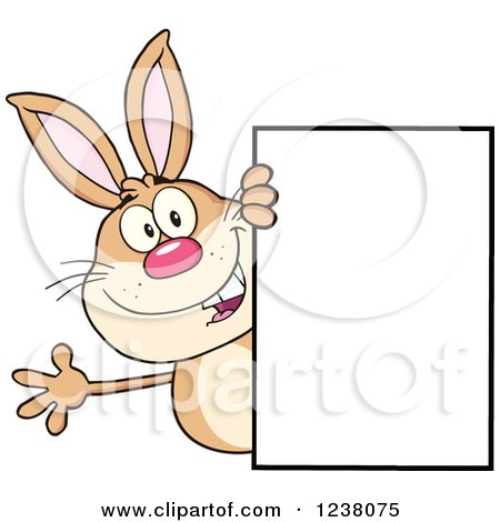 Clipart of a Brown Rabbit Waving Around a Blank Sign - Royalty Free Vector Illustration by Hit Toon