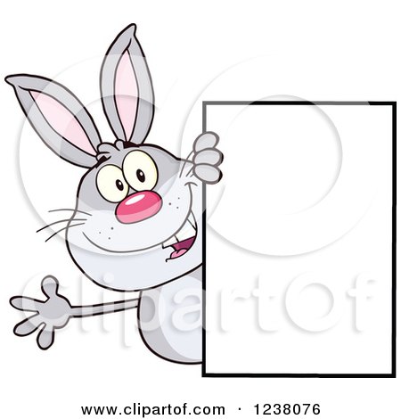 Clipart of a Gray Rabbit Waving Around a Blank Sign - Royalty Free Vector Illustration by Hit Toon