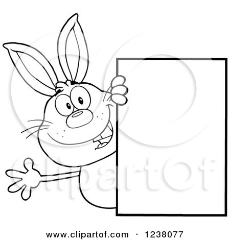 Clipart of a Black and White Rabbit Waving Around a Blank Sign - Royalty Free Vector Illustration by Hit Toon