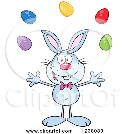Clipart of a Blue Rabbit Juggling Easter Eggs - Royalty Free Vector Illustration by Hit Toon