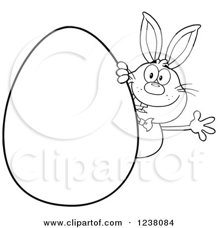 Clipart of a Black and White Rabbit Waving Around a Giant Easter Egg - Royalty Free Vector Illustration by Hit Toon