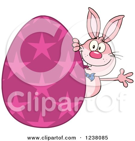 Clipart of a Pink Rabbit Waving Around a Giant Pink Star Easter Egg - Royalty Free Vector Illustration by Hit Toon