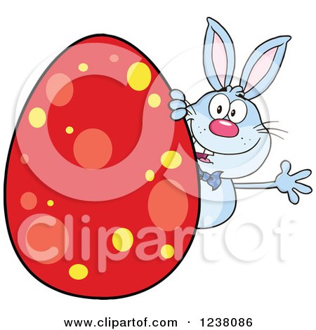 Clipart of a Blue Rabbit Waving Around a Giant Red Easter Egg - Royalty Free Vector Illustration by Hit Toon