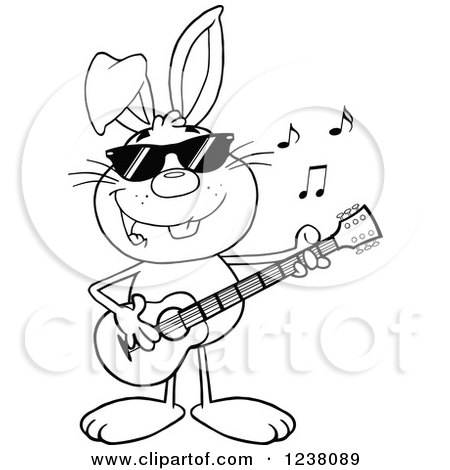 Clipart of a Black and White Rabbit Playing a Guitar - Royalty Free Vector Illustration by Hit Toon