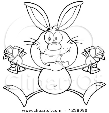 Clipart of a Black and White Rabbit Jumping with Cash Money - Royalty Free Vector Illustration by Hit Toon