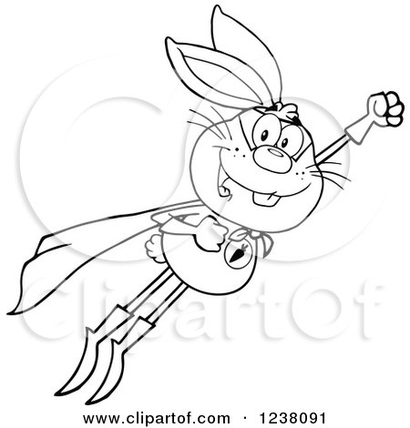 Clipart of a Black and White Rabbit Super Hero Flying - Royalty Free Vector Illustration by Hit Toon