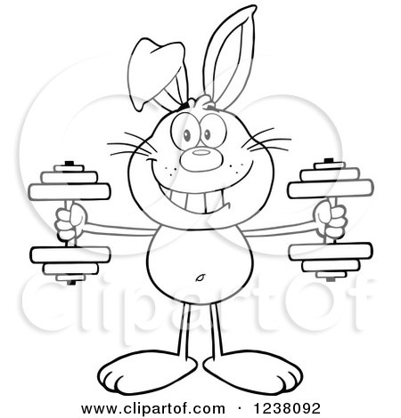 Clipart of a Black and White Rabbit Working out with Dumbbells - Royalty Free Vector Illustration by Hit Toon