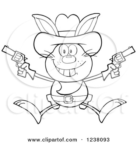 Clipart of a Black and White Rabbit Cowboy Jumping with Pistols - Royalty Free Vector Illustration by Hit Toon
