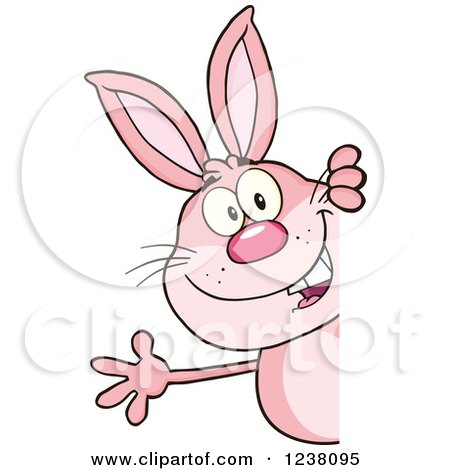 Clipart of a Pink Rabbit Waving Around a Sign - Royalty Free Vector Illustration by Hit Toon