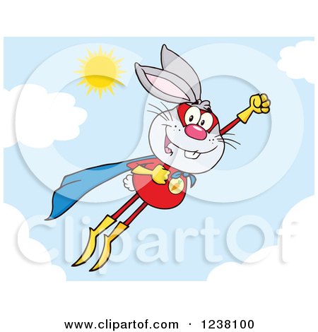 Clipart of a Gray Rabbit Super Hero Flying in the Sky - Royalty Free Vector Illustration by Hit Toon