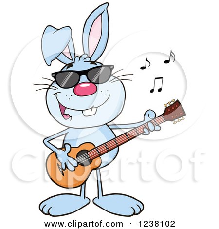 Clipart of a Blue Rabbit Playing a Guitar - Royalty Free Vector Illustration by Hit Toon