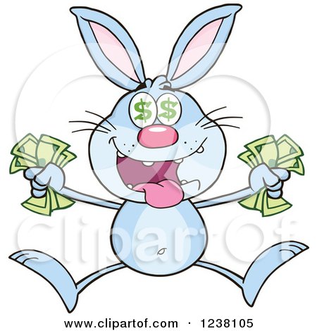Clipart of a Blue Rabbit Jumping with Cash Money - Royalty Free Vector Illustration by Hit Toon