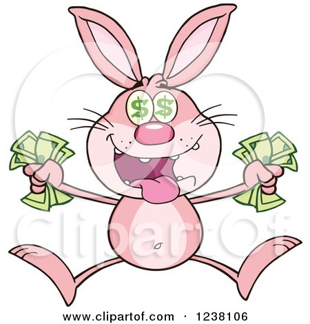 Clipart of a Pink Rabbit Jumping with Cash Money - Royalty Free Vector Illustration by Hit Toon