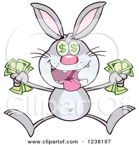Clipart of a Gray Rabbit Jumping with Cash Money - Royalty Free Vector Illustration by Hit Toon