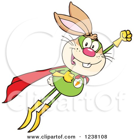 Clipart of a Brown Rabbit Super Hero Flying - Royalty Free Vector Illustration by Hit Toon