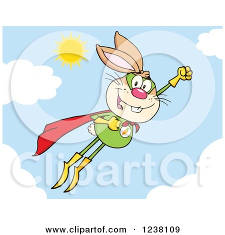 Clipart of a Brown Rabbit Super Hero Flying in the Sky - Royalty Free Vector Illustration by Hit Toon