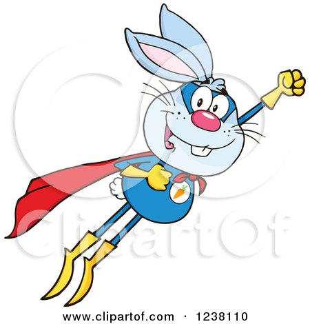 Clipart of a Blue Rabbit Super Hero Flying - Royalty Free Vector Illustration by Hit Toon