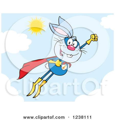 Clipart of a Blue Rabbit Super Hero Flying in the Sky - Royalty Free Vector Illustration by Hit Toon