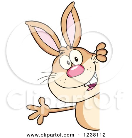Clipart of a Brown Rabbit Waving Around a Sign - Royalty Free Vector Illustration by Hit Toon