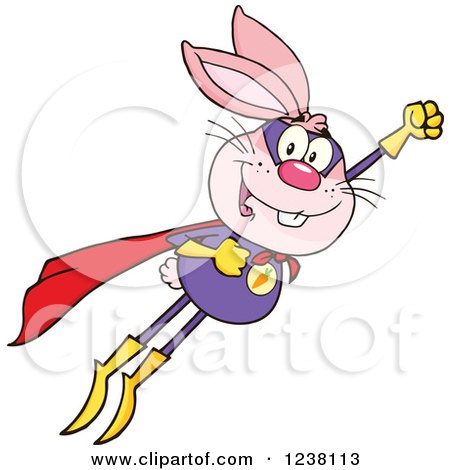 Clipart of a Pink Rabbit Super Hero Flying - Royalty Free Vector Illustration by Hit Toon