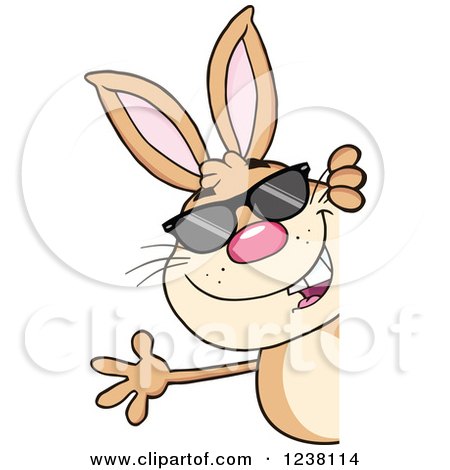 Clipart of a Brown Rabbit with Sunglasses, Waving Around a Sign - Royalty Free Vector Illustration by Hit Toon