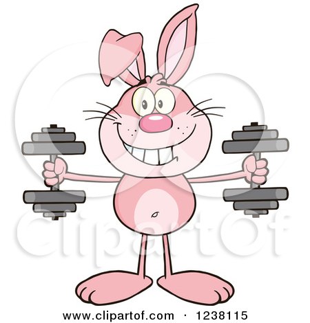 Clipart of a Pink Rabbit Working out with Dumbbells - Royalty Free Vector Illustration by Hit Toon