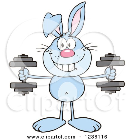 Clipart of a Blue Rabbit Working out with Dumbbells - Royalty Free Vector Illustration by Hit Toon