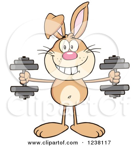 Clipart of a Brown Rabbit Working out with Dumbbells - Royalty Free Vector Illustration by Hit Toon
