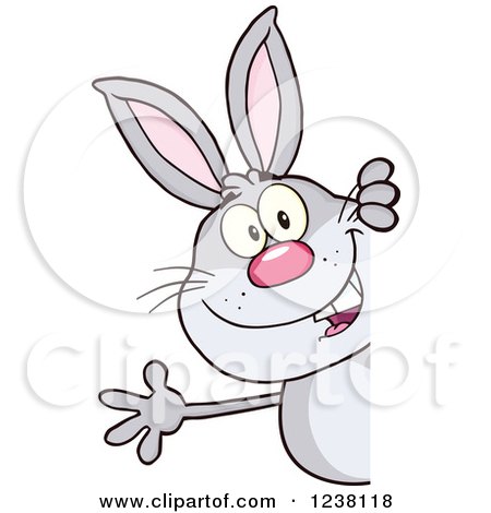 Clipart of a Gray Rabbit Waving Around a Sign - Royalty Free Vector Illustration by Hit Toon