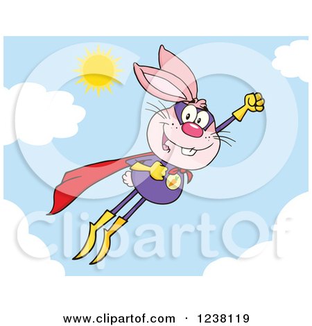 Clipart of a Pink Rabbit Super Hero Flying in the Sky - Royalty Free Vector Illustration by Hit Toon