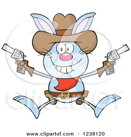Clipart of a Blue Rabbit Cowboy Jumping with Pistols - Royalty Free Vector Illustration by Hit Toon