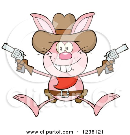 Clipart of a Pink Rabbit Cowboy Jumping with Pistols - Royalty Free Vector Illustration by Hit Toon