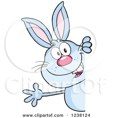 Clipart of a Blue Rabbit Waving Around a Sign - Royalty Free Vector Illustration by Hit Toon
