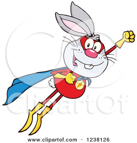 Clipart of a Gray Rabbit Super Hero Flying - Royalty Free Vector Illustration by Hit Toon