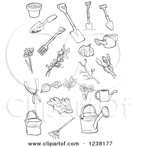 Clipart of Black and White Garden Tools - Royalty Free Vector Illustration by lineartestpilot