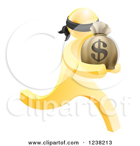 Clipart of a 3d Gold Robber Carrying a Money Bag - Royalty Free Vector Illustration by AtStockIllustration