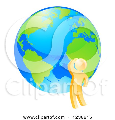 Clipart of a 3d Gold Man Thinking by an Earth Globe - Royalty Free Vector Illustration by AtStockIllustration