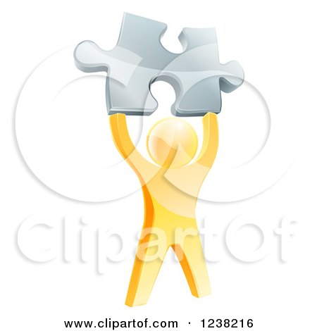 Clipart of a 3d Victorious Gold Man Holding up a Silver Puzzle Piece - Royalty Free Vector Illustration by AtStockIllustration