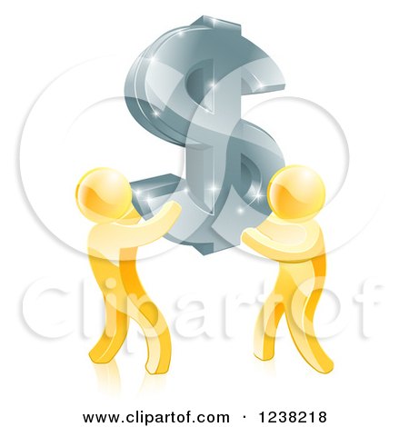 Clipart of 3d Gold Men Carrying a Silver Dollar Symbol - Royalty Free Vector Illustration by AtStockIllustration