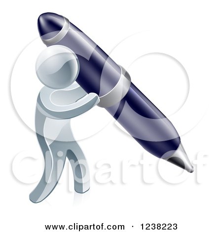 Clipart of a 3d Silver Man Writing with a Giant Pen - Royalty Free Vector Illustration by AtStockIllustration
