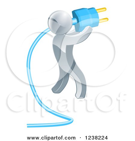 Clipart of a 3d Silve Rman Plugging in a Blue Cable - Royalty Free Vector Illustration by AtStockIllustration