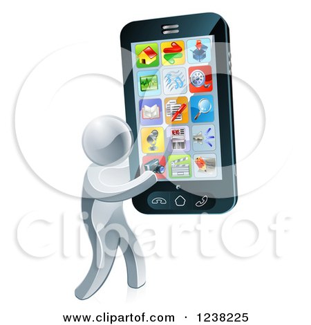 Clipart of a 3d Silver Man Carrying a Large Smart Phone - Royalty Free Vector Illustration by AtStockIllustration