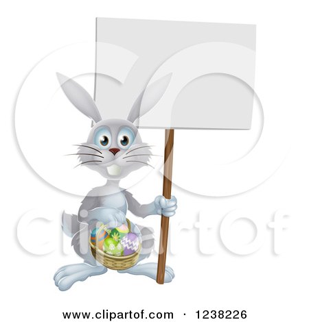 Clipart of a Gray Easter Bunny Holding a Sign and Basket - Royalty Free Vector Illustration by AtStockIllustration